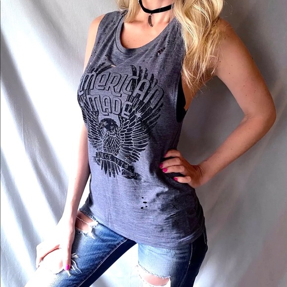 Patriotic USA 1776 Distressed Laser Cut Graphic Muscle Tank Tee Top Shirt - Picture 2 of 5